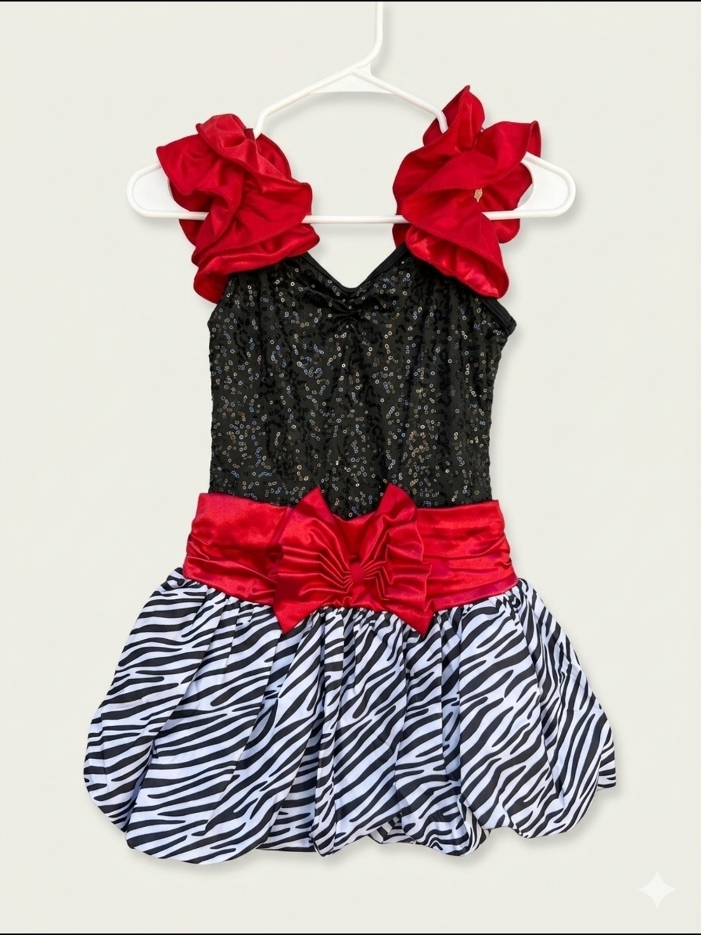 Weissman Black Sequin and Zebra Print Dance Costume with Red Satin Accents